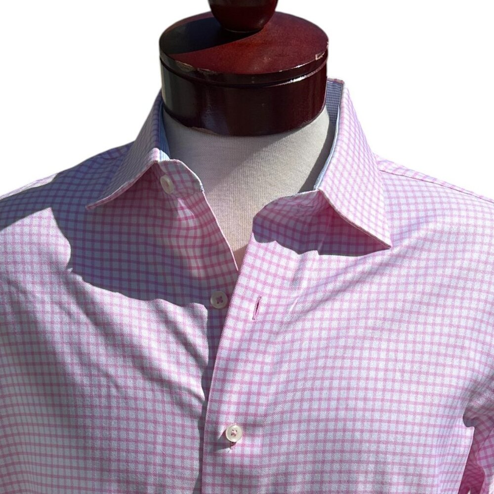 LORENZO UOMO Men's Pink Shepherds Check Trim Fit Button Up Shirt- 16 (34-35)